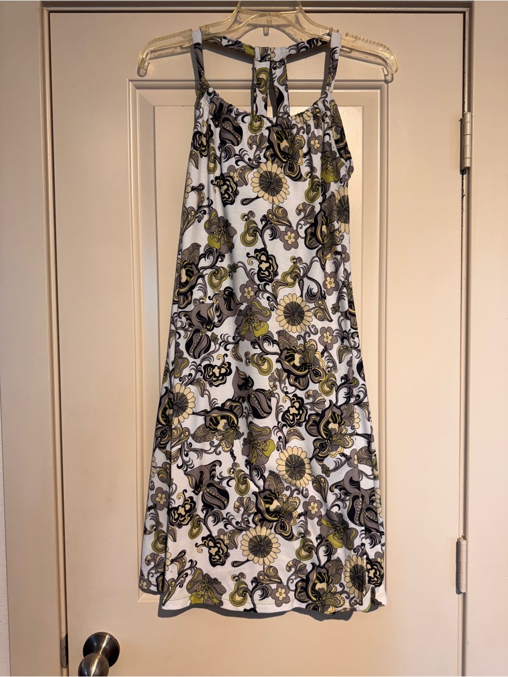 Prana White A-Line Dress with Olive and Black Floral Print